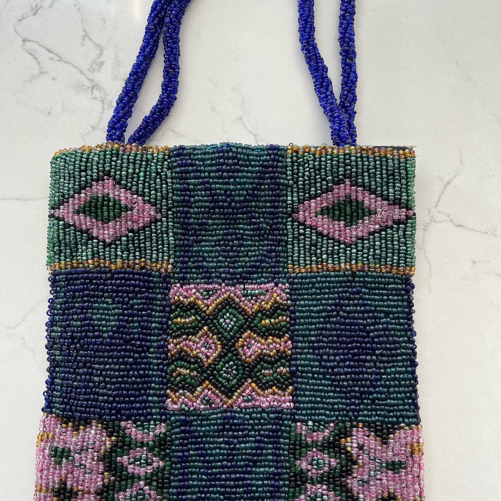 Bloomingdale's Blue and Green Beaded Clutch